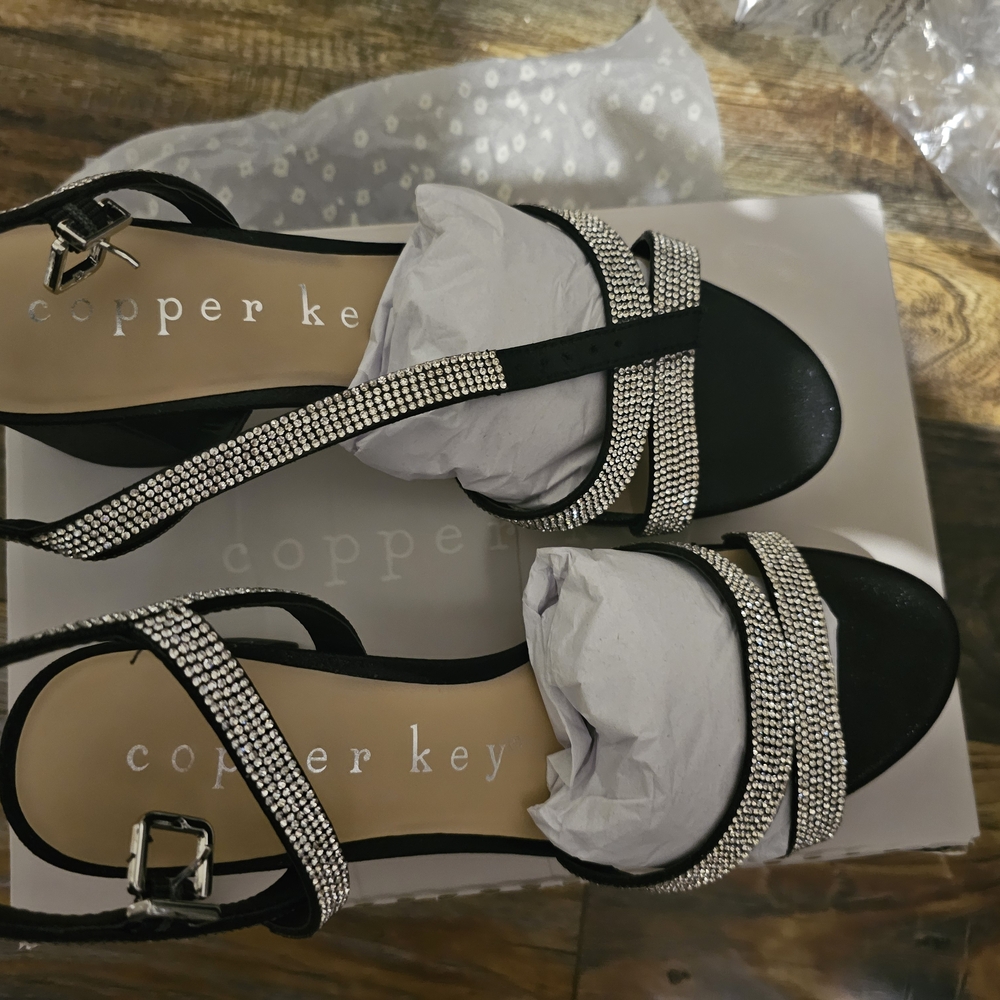 Copper Key Black Rhinestone Sandals